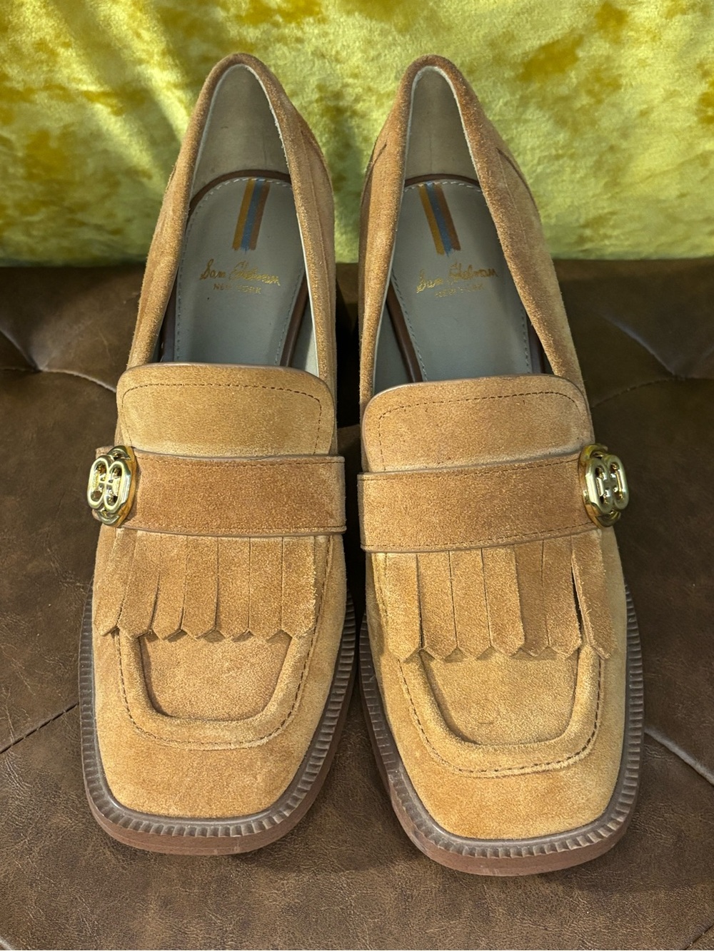 Sam Edelman Quinly Tan Suede Fringe Loafers with Gold Accent